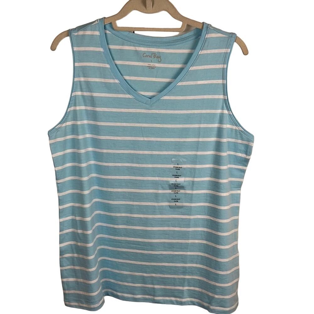 Coral Bay Sleeveless T Shirt V Neck Blue White Stripe Large100% Cotton - Picture 1 of 6